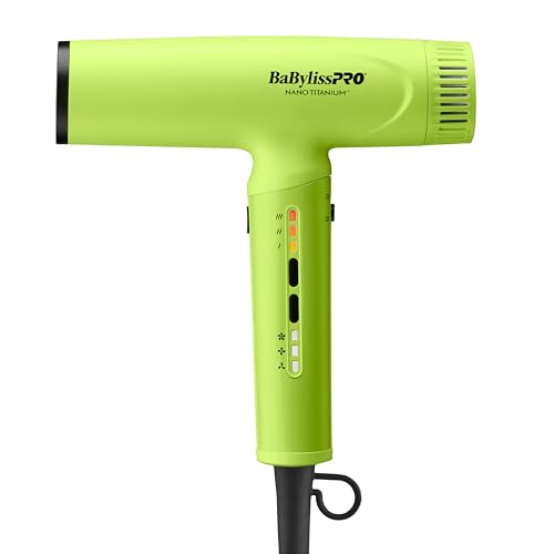 BaBylissPRO Nano Titanium Professional Nano Light Ionic Dual-Voltage Lightweight Hair Dryer in Neon Yellow, Portable Travel Professional Styling Tool with Diffuser, Blow Dryer Set for All Hair Types