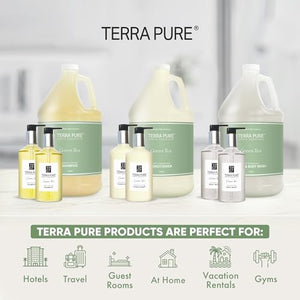 Terra Pure Gallon & Dispenser Set | 1-Shoppe All-In-Kit | Shampoo Conditioner Body Wash Gallon | Refillable 10.14 oz. Matching Pump Bottles