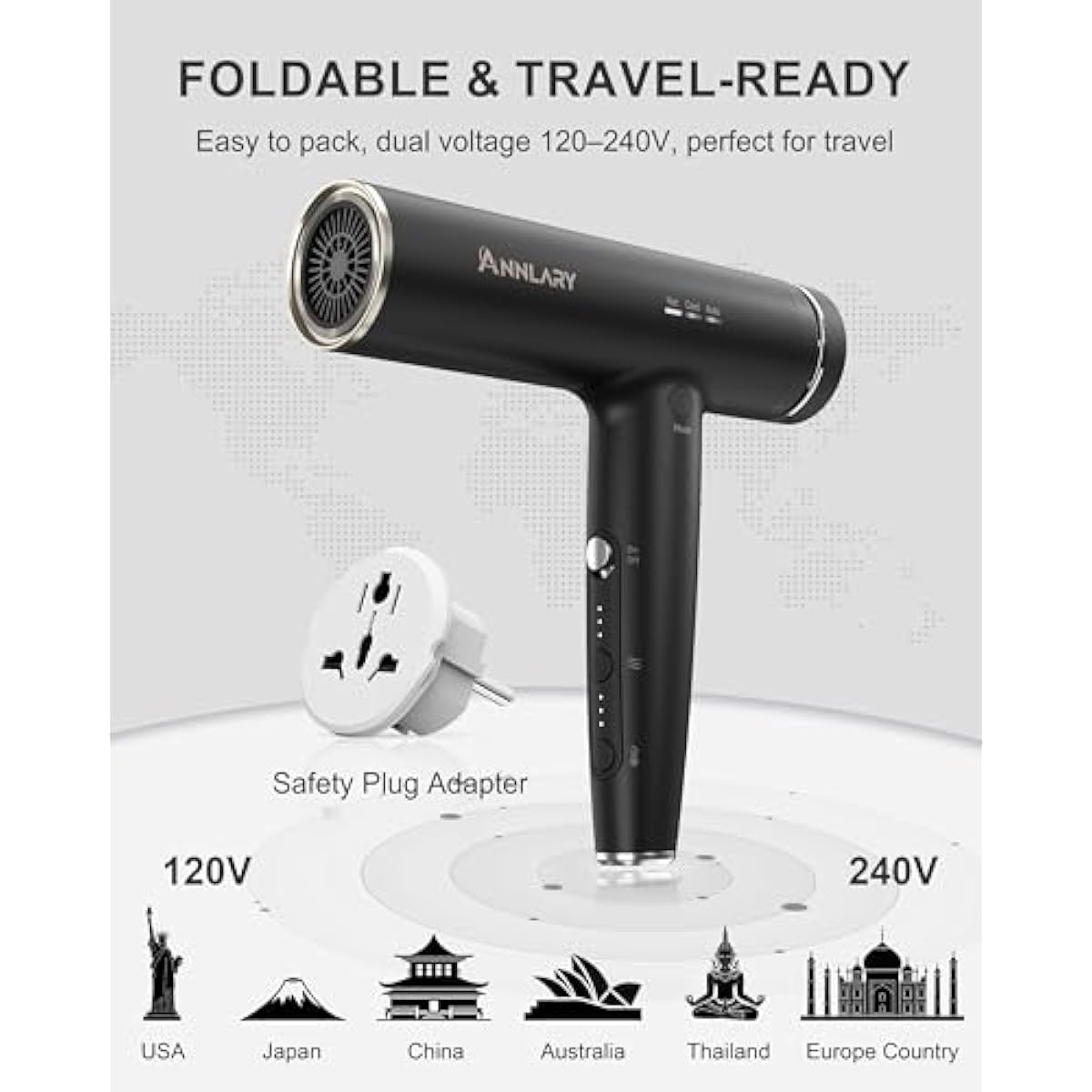 Dual Voltage Hair Dryer, Blow Dryer with Diffuser for Curly Hair | Plasma Ionic Hairdryer for Frizz Control | Foldable for Travel | 6.5Ft ALCI Cord | 110V-120V/220V-240V European Use