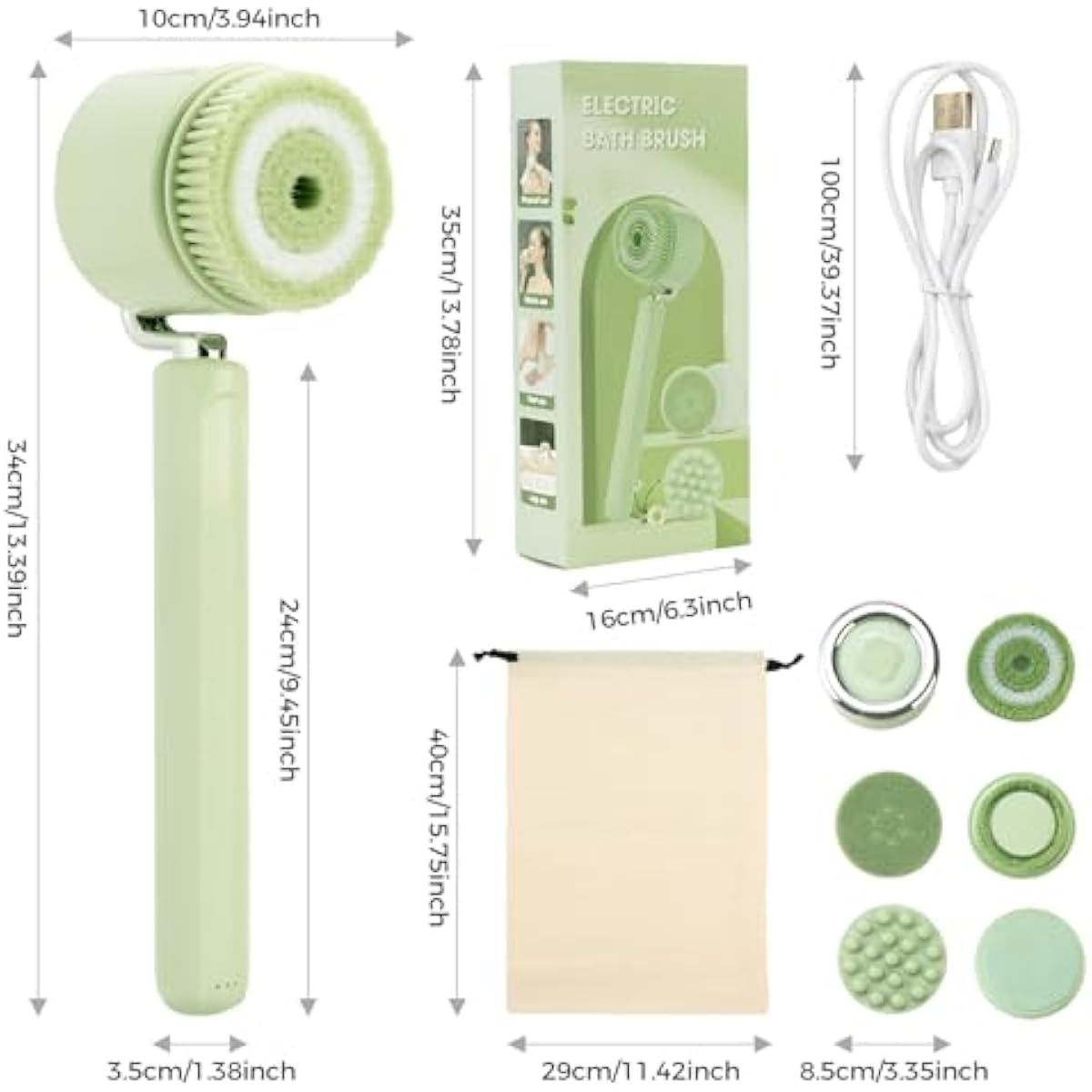Electric Body Bath Brush for Shower, Rechargeable Body Brush with Detachable Long Handle and 5 Heads, 3 Speeds Bath Brush for Skin Care, Basic Cleaning and Massage (Sliver)
