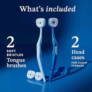 Soft Bristle Tongue Brush for Adults for Bad Breath, Halitosis & Oral Hygiene - Tongue Scraper Brush with Ergonomic Handle & Protective Cap for Easy Storage & Travel - 2 Pack