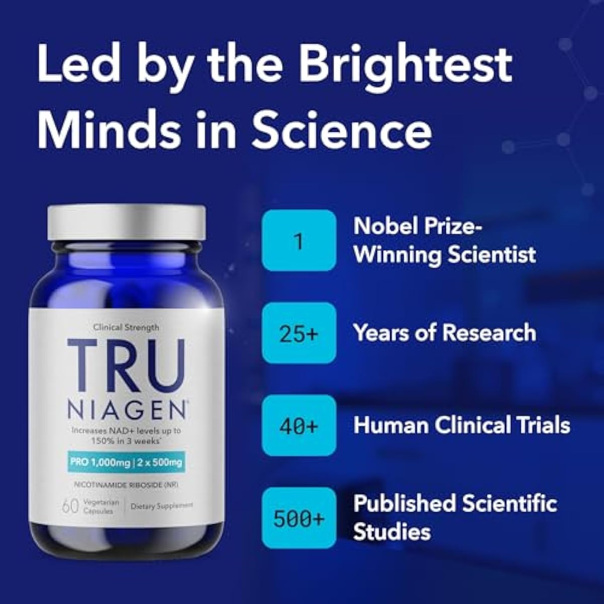 TRU NIAGEN PRO NAD Supplement for Brain Function, Anti Aging, Cell Regeneration | Patented Niagen | Supports Cellular Energy | Nicotinamide Riboside (NR) | 30-1000mg Servings (2x500mg, Take 2 Daily)