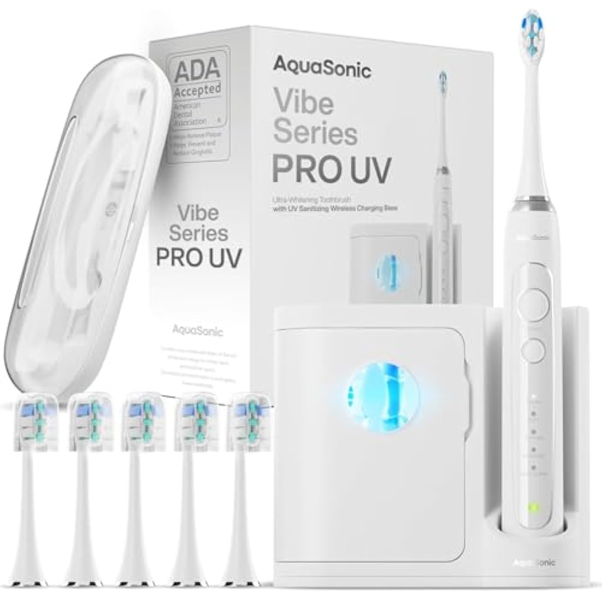 Vibe Series PRO – Ultra-Whitening Electric Toothbrush – 5 Modes & Smart Timers – UV Sanitizing Base – ADA Accepted (Optic White)