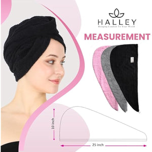 HALLEY Cotton Hair Towel Wrap (3 Packs) Super Absorbent Fast Drying Turbans for Thick, Wet Hair with Button (Black, Grey, Pink)