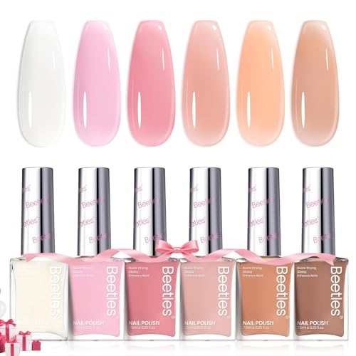 Beetles Jelly Nail Polish Set,6 Colors Pink Nude Jelly Quick Dry Nail Polish Fingernail Fast Drying & Long Lasting Nail Strengthener Polish Gifts for Women