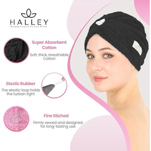 HALLEY Cotton Hair Towel Wrap (3 Packs) Super Absorbent Fast Drying Turbans for Thick, Wet Hair with Button (Black, Grey, Pink)