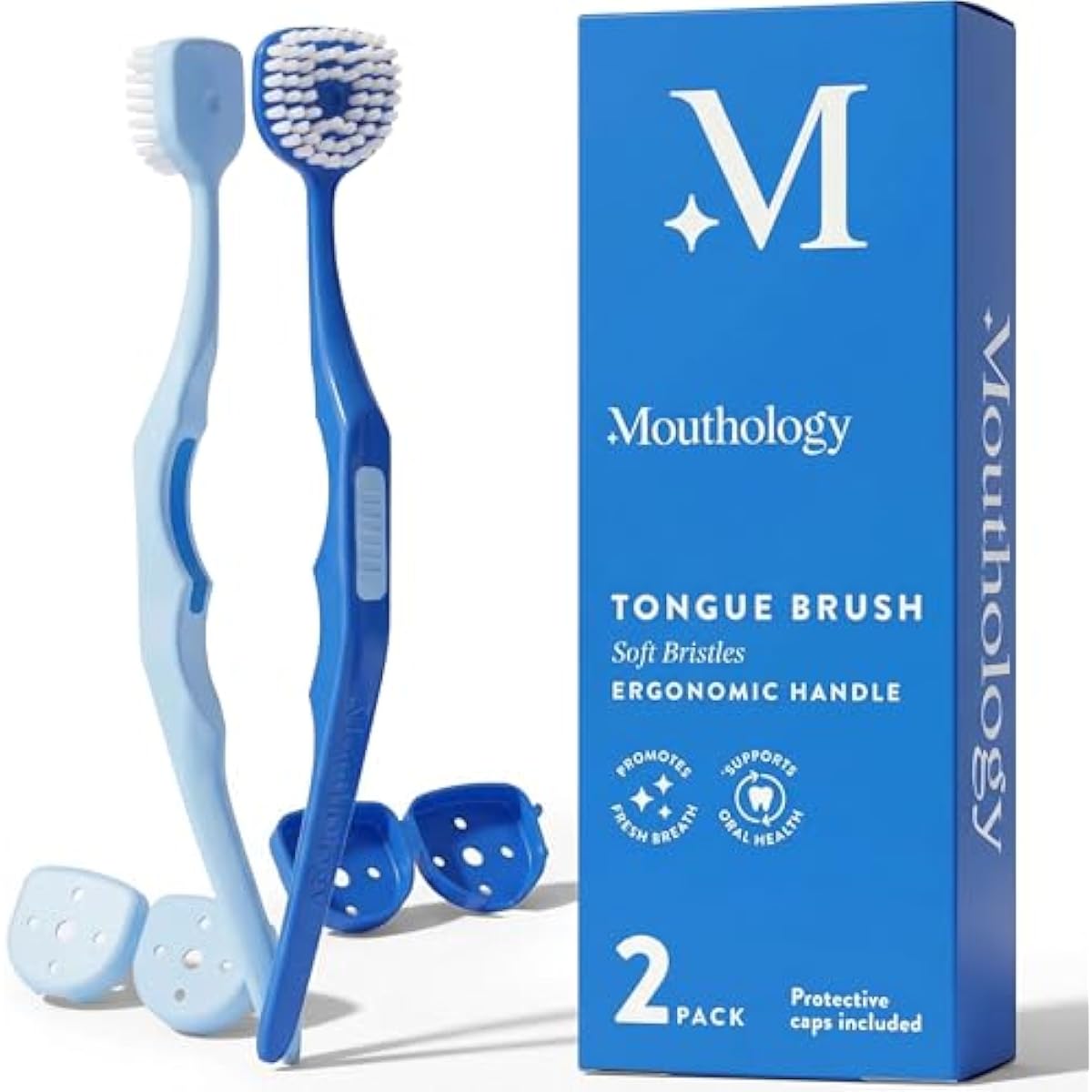 Soft Bristle Tongue Brush for Adults for Bad Breath, Halitosis & Oral Hygiene - Tongue Scraper Brush with Ergonomic Handle & Protective Cap for Easy Storage & Travel - 2 Pack