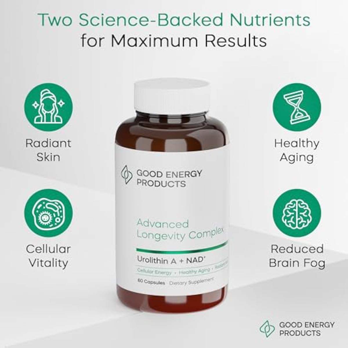 Urolithin A + NAD+ Supplement – 500mg Urolithin A + 350mg Nicotinamide Riboside (NAD+) – Mitochondrial Support, Cellular Energy, Longevity & Healthy Aging – 60 Capsules