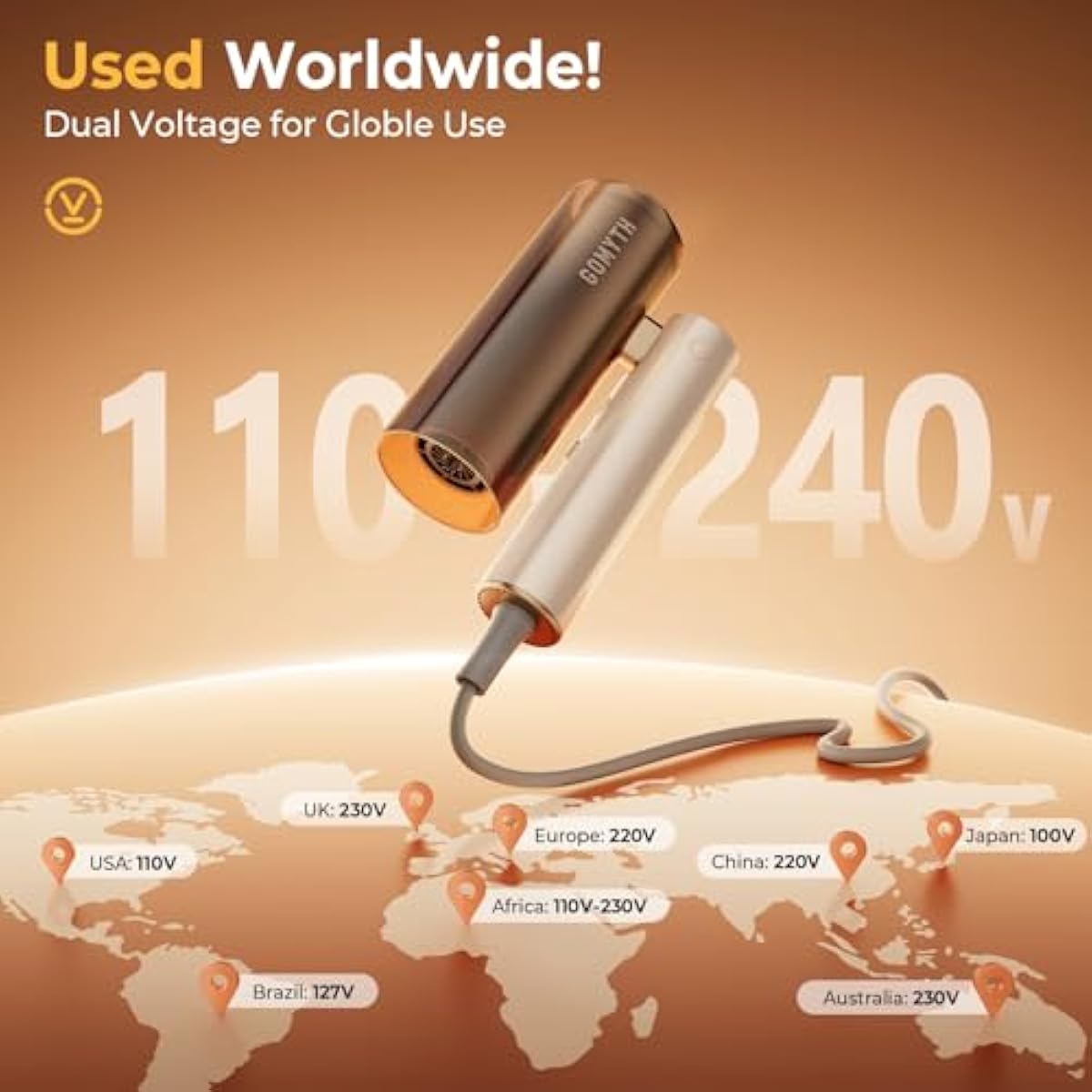 Dual Voltage Hair Dryer for Travel, GOMYTH 5 in 1 Air Styler with High-Speed Blow Dryer, 100V-240V for Worldwide Use, Compact, Plasma Scalp Protection, No Heat Damage, Includes Travel Bag