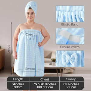 REDKISS Blue Towel Wrap for Women, XL Spa Shower Wrap with Hair Towel, Super Absorbent Bath Towels Robe for Body, Adjustable Microfiber Plush Bathrobe for Girls, Warmth Velcro Plus Size Wraps Towels