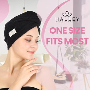 HALLEY Cotton Hair Towel Wrap (3 Packs) Super Absorbent Fast Drying Turbans for Thick, Wet Hair with Button (Black, Grey, Pink)