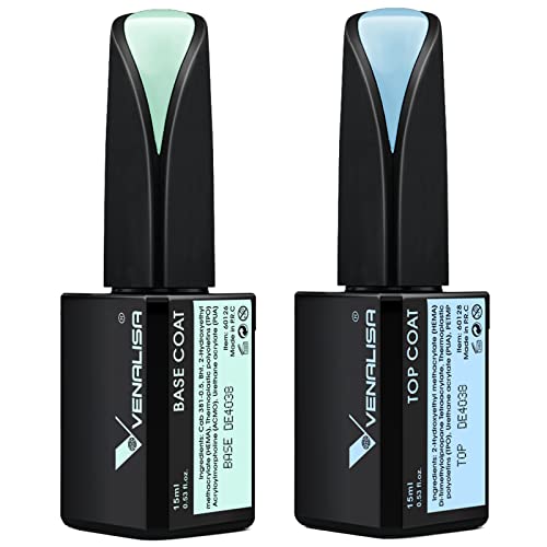 VENALISA 2 Pcs 15ml Gel Nail Ploish Base and Top Coat Set, No Wipe High Gloss Long Lasting Tempered Top Coat Polish Soak Off LED Gel Kit
