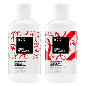IGK GOOD BEHAVIOR Ultra Smooth Shampoo & Conditioner Set + Travel Size Packettes | Frizz Control + Shine | Vegan + Cruelty-Free | 8 oz (Pack of 2)