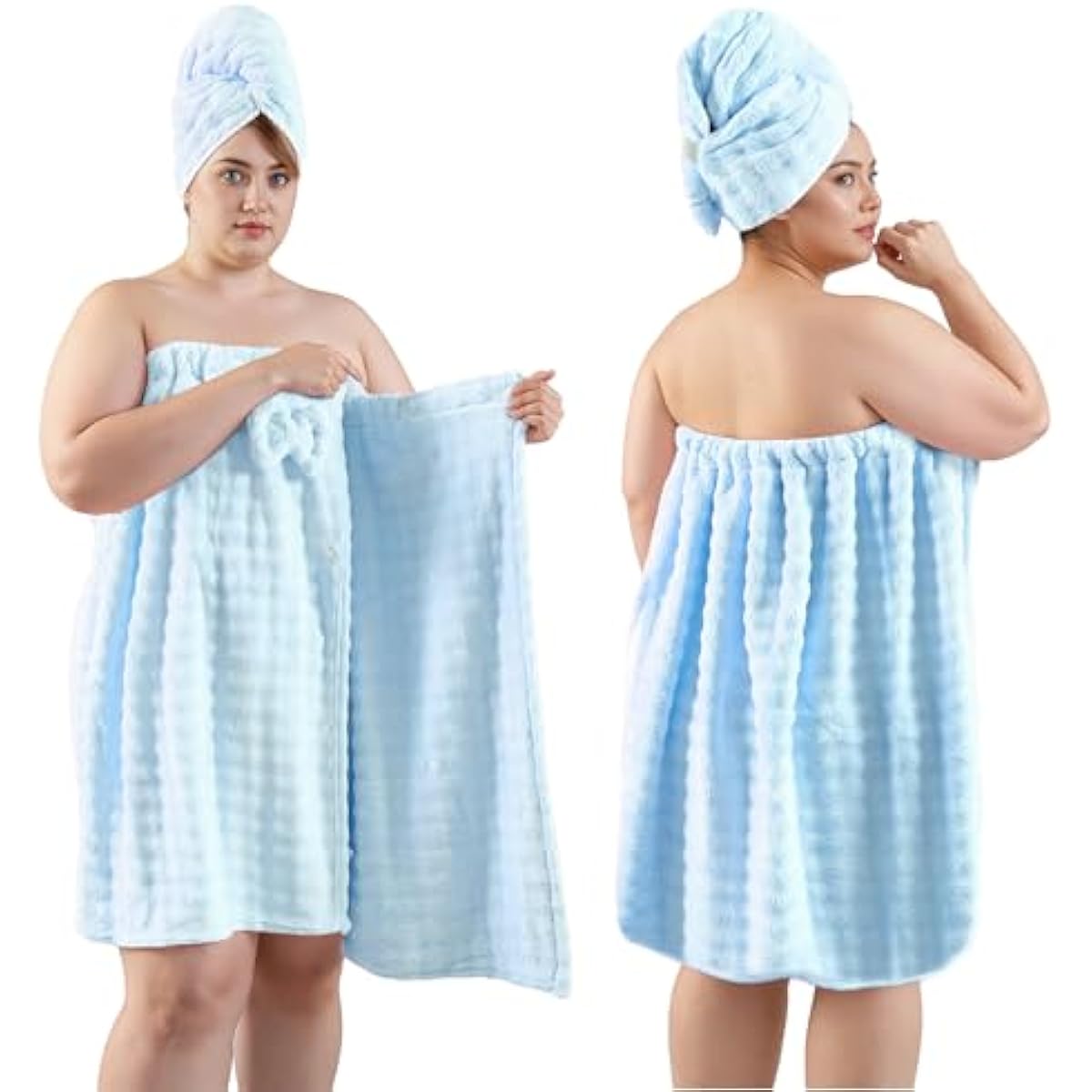 REDKISS Blue Towel Wrap for Women, XL Spa Shower Wrap with Hair Towel, Super Absorbent Bath Towels Robe for Body, Adjustable Microfiber Plush Bathrobe for Girls, Warmth Velcro Plus Size Wraps Towels