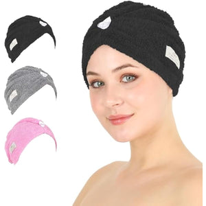 HALLEY Cotton Hair Towel Wrap (3 Packs) Super Absorbent Fast Drying Turbans for Thick, Wet Hair with Button (Black, Grey, Pink)