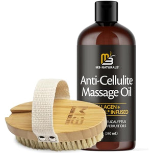 Anti Cellulite Massage Oil and Firm Dry Brush Kit | Collagen & Stem Cell Skin Tightening Kit | Radiant Body Care Kit for Women by M3