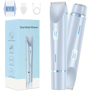 Bikini Trimmer for Women-2 in 1 Dual Head Bikini Shaver & Body Shaver,IPX7 Cordless & Waterproof Electric Shaver Wet & Dry Use,Painless Hair Removal,Ceramic Blade, Ultra Low Silent(Blue)