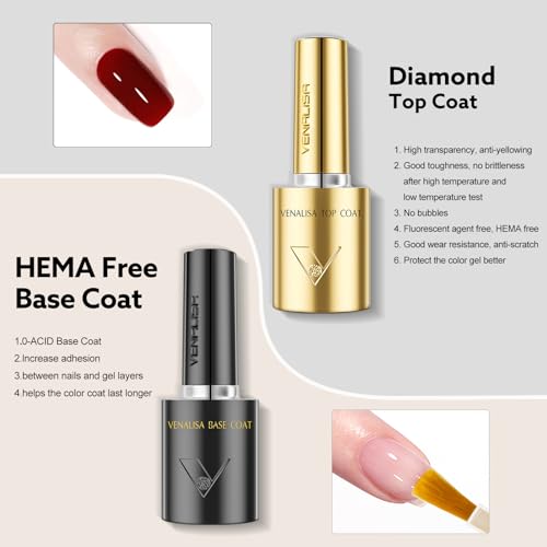 VENALISA 2 Pcs No Wipe Gel Top Coat and Base Coat Set- High Gloss Shiny Base Top Coat Gel Nail Polish Kit, Soak Off Nail Art Home and Professional Manicure
