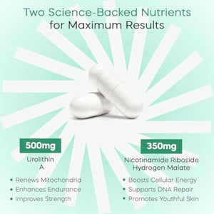 Urolithin A + NAD+ Supplement – 500mg Urolithin A + 350mg Nicotinamide Riboside (NAD+) – Mitochondrial Support, Cellular Energy, Longevity & Healthy Aging – 60 Capsules