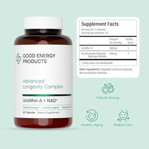 Urolithin A + NAD+ Supplement – 500mg Urolithin A + 350mg Nicotinamide Riboside (NAD+) – Mitochondrial Support, Cellular Energy, Longevity & Healthy Aging – 60 Capsules