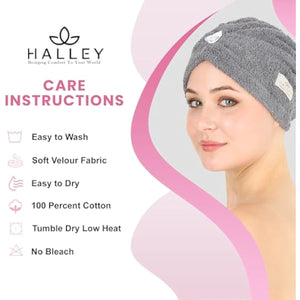 HALLEY Cotton Hair Towel Wrap (3 Packs) Super Absorbent Fast Drying Turbans for Thick, Wet Hair with Button (Black, Grey, Pink)