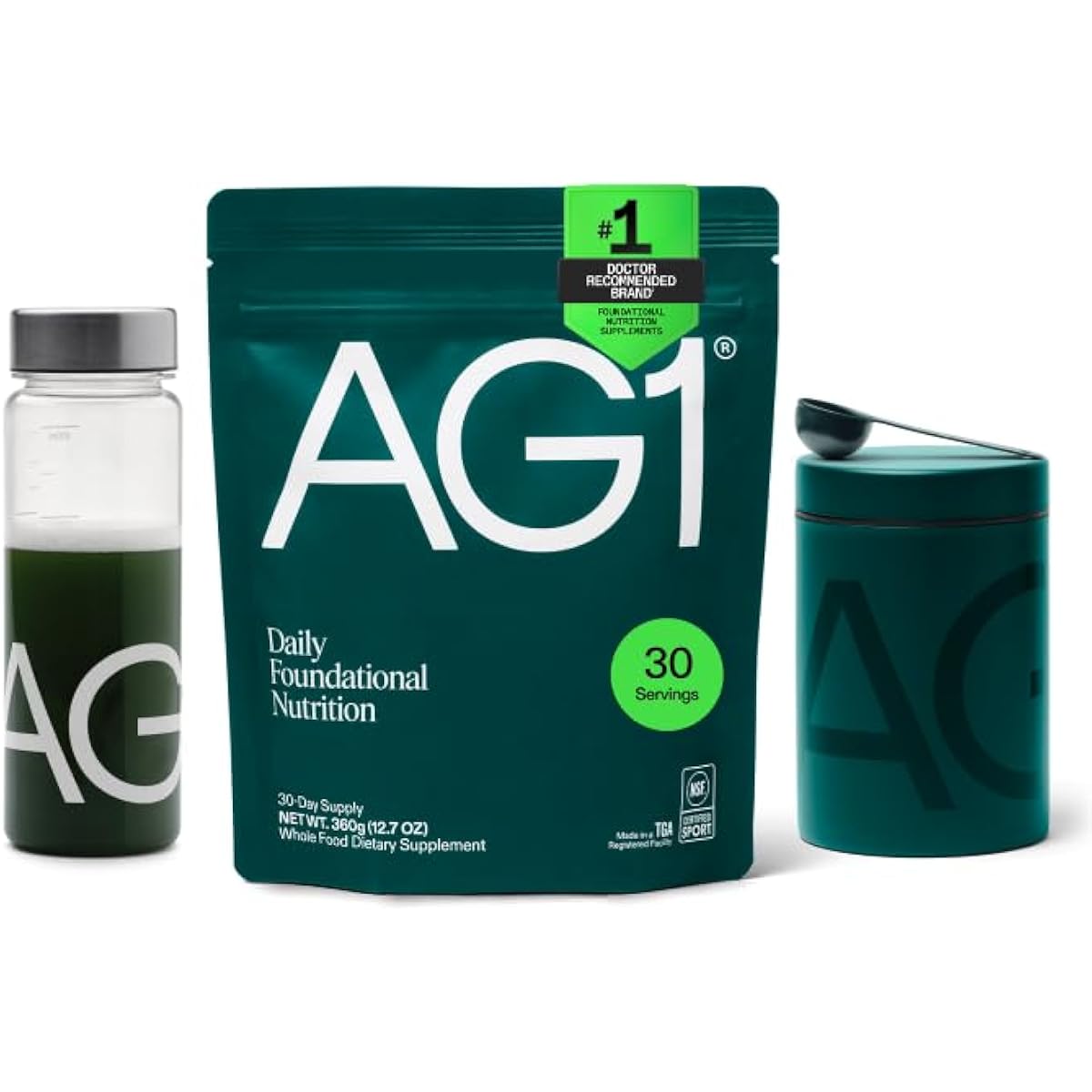 AG1 Greens Powder Supplement Bundle w/Stainless Steel Storage Canister – Multivitamin, Probiotic & Superfood Blend | Gut Health & Daily Wellness Support | Includes Shaker & Scoop | Vegan, Gluten-Free
