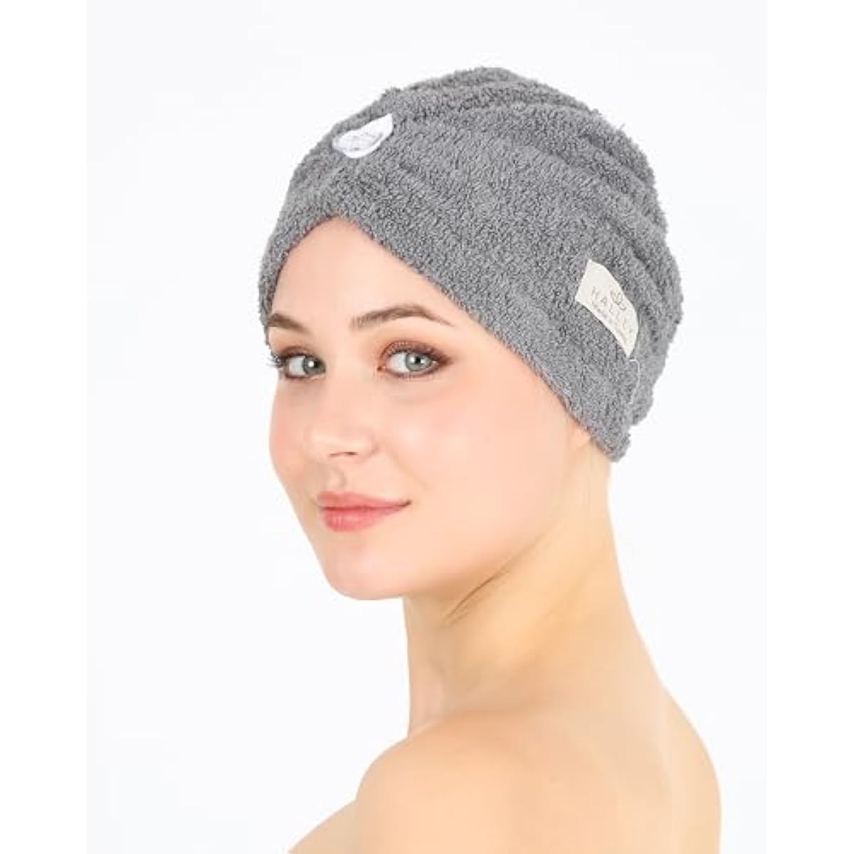 HALLEY Cotton Hair Towel Wrap (3 Packs) Super Absorbent Fast Drying Turbans for Thick, Wet Hair with Button (Black, Grey, Pink)