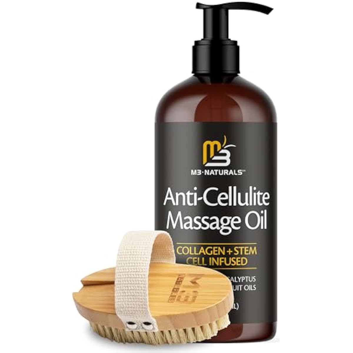 Anti Cellulite Massage Oil and Firm Dry Brush Kit | Collagen & Stem Cell Skin Tightening Kit | Radiant Body Care Kit for Women by M3