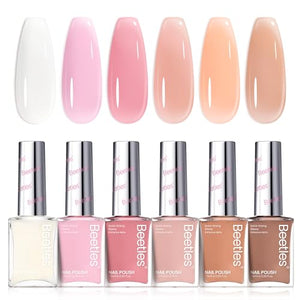 Beetles Jelly Nail Polish Set,6 Colors Pink Nude Jelly Quick Dry Nail Polish Fingernail Fast Drying & Long Lasting Nail Strengthener Polish Gifts for Women