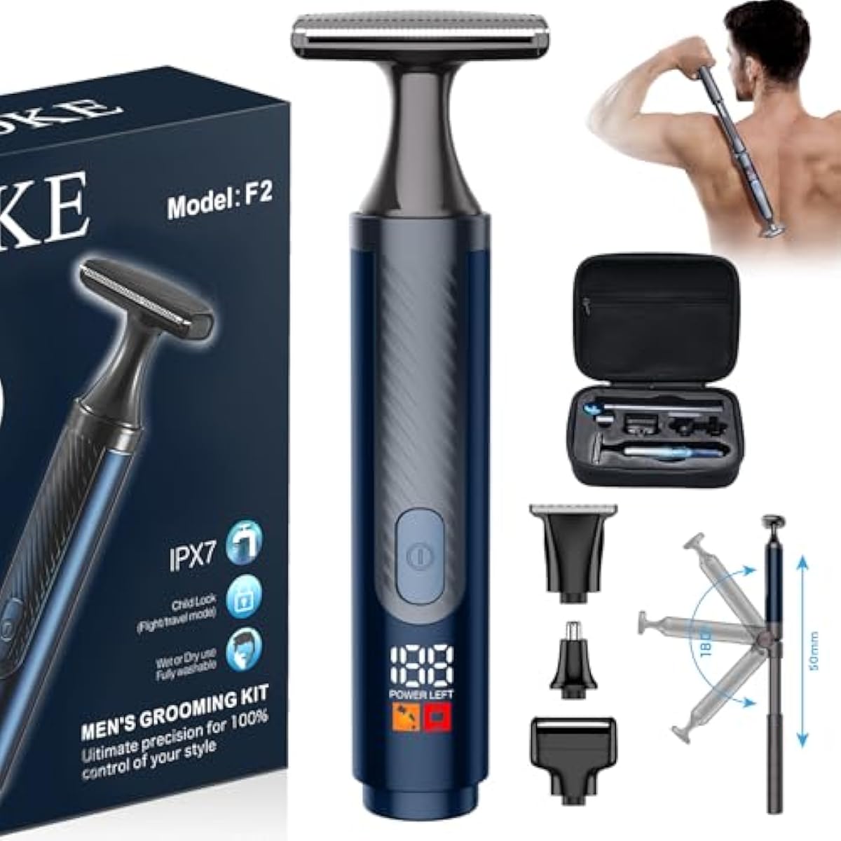 Back Shaver for Men, Ultra-Wide 2" T-Shaped Head, Travel Case, LED 4 in 1 Mens Back Shaver Rechargeable with Long Handle, Safety Lock, IPX7, Multi-Functional Back Trimmer for Men, (Flat Black)