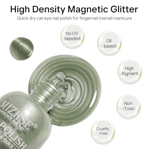 MIZHSE Quick Dry Cat Eye Nail Polish, Green Magnetic Nail Polish with Magnet, Air Drying Fast 15ml Cateye Nail Lacquer for Women Girls Non-Gel Nail Art Manicure DIY Home
