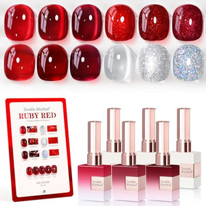 Double Rhythm 6 Pcs 15 ML Gel Polish Set Same Color Same Bottle Soak Off Gel Polish Kit Nail Art Manicure Salon DIY at Home for Women (Jelly Burgundy Red Glitter Silver -T6-56)