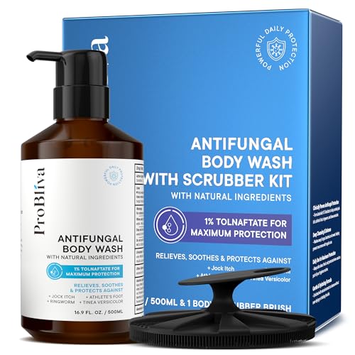 Antifungal Body Wash Treatment with Scrubber - Antibacterial Wash for Jock Itch, Ringworm, Tinea & Foot Odor – Medicated Skin Relief Cleanser Gel with Tea Tree Oil & Tolnaftate for Men and Women