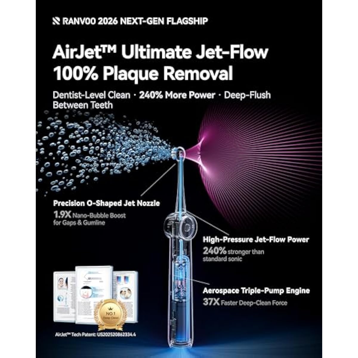 RANVOO AirJet X5 [Next-Gen Jet-Flow | Maximum Clean Power] Sonic Electric Toothbrush, 100% Plaque Removal, Whitening & Gum Care, 60-Day Battery Life, Rechargeable with 3 Pro Brush Heads, Pale Violet