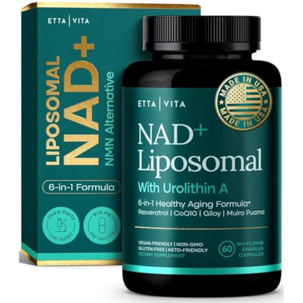 Liposomal NAD+ Supplement - Resveratrol, Urolithin A, CoQ10 & Muira Puama (Made in USA) NAD Supplement for Natural Energy, Brain Fog, Digestion, Detox, Gut Health, Microbiome, NR NMN Replacement