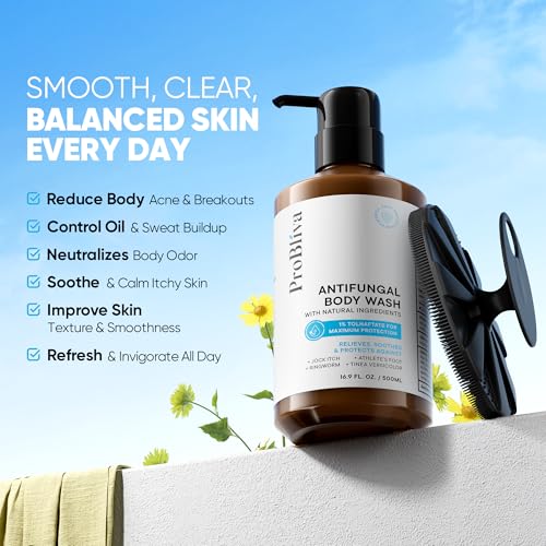 Antifungal Body Wash Treatment with Scrubber - Antibacterial Wash for Jock Itch, Ringworm, Tinea & Foot Odor – Medicated Skin Relief Cleanser Gel with Tea Tree Oil & Tolnaftate for Men and Women