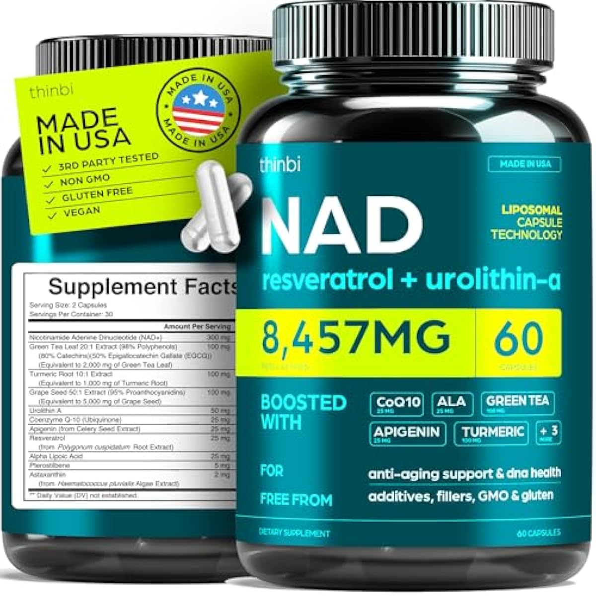 NAD Supplement 8457mg Extra Strength NMN Alternative Liposomal + Green Tea for Women & Men w/Urolithin A, Resveratrol, CoQ10, Alpha Lipoic Acid.