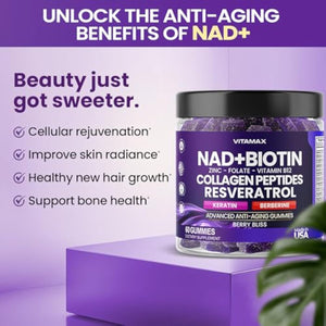 NAD+, Resveratrol, Berberine, & Biotin Anti-Aging Gummy - Hair, Skin, Nails & Joint Supplement - Collagen Peptides, Keratin, Zinc, Vitamin K2 & D3 Gummies -Regeneration- Non-GMO - Made in USA 60 Count