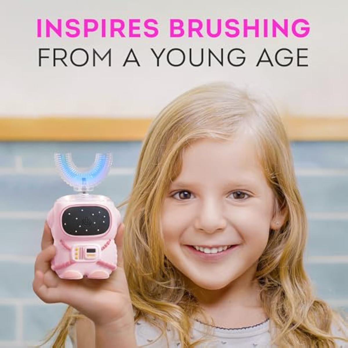 Bendi Sensory 360 Round U-Shaped Astronaut Design Mouthguard Electric Toothbrush for Kids Ages 2-7 - Automatic Memory Function - 5 Modes Toothbrush with Multiple Heads – Kids Travel Essentials (Pink)