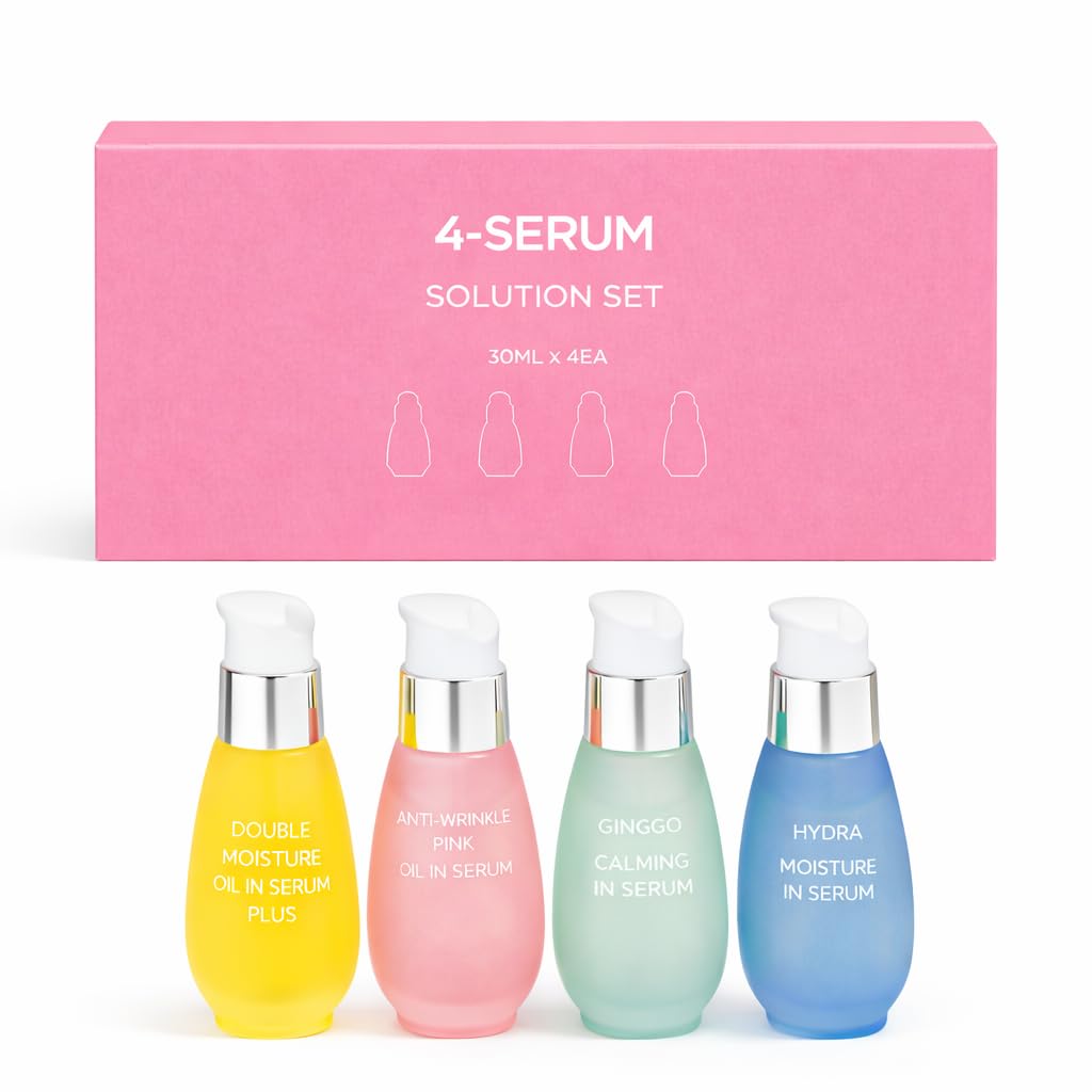 CHARMZONE Oil-in-Serum 4-Solution Set (1.01 fl.oz / 30ml x 4) – Double Moisture, Anti-Wrinkle Pink, Ginkgo Calming, Hydra Moisture Serums for Face