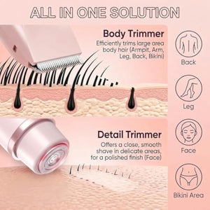 Bikini Trimmer for Women-2 in 1 Dual Head Bikini Shaver & Body Shaver,IPX7 Cordless & Waterproof Electric Shaver Wet & Dry Use,Painless Hair Removal,Ceramic Blade, Ultra Low Silent(Blue)