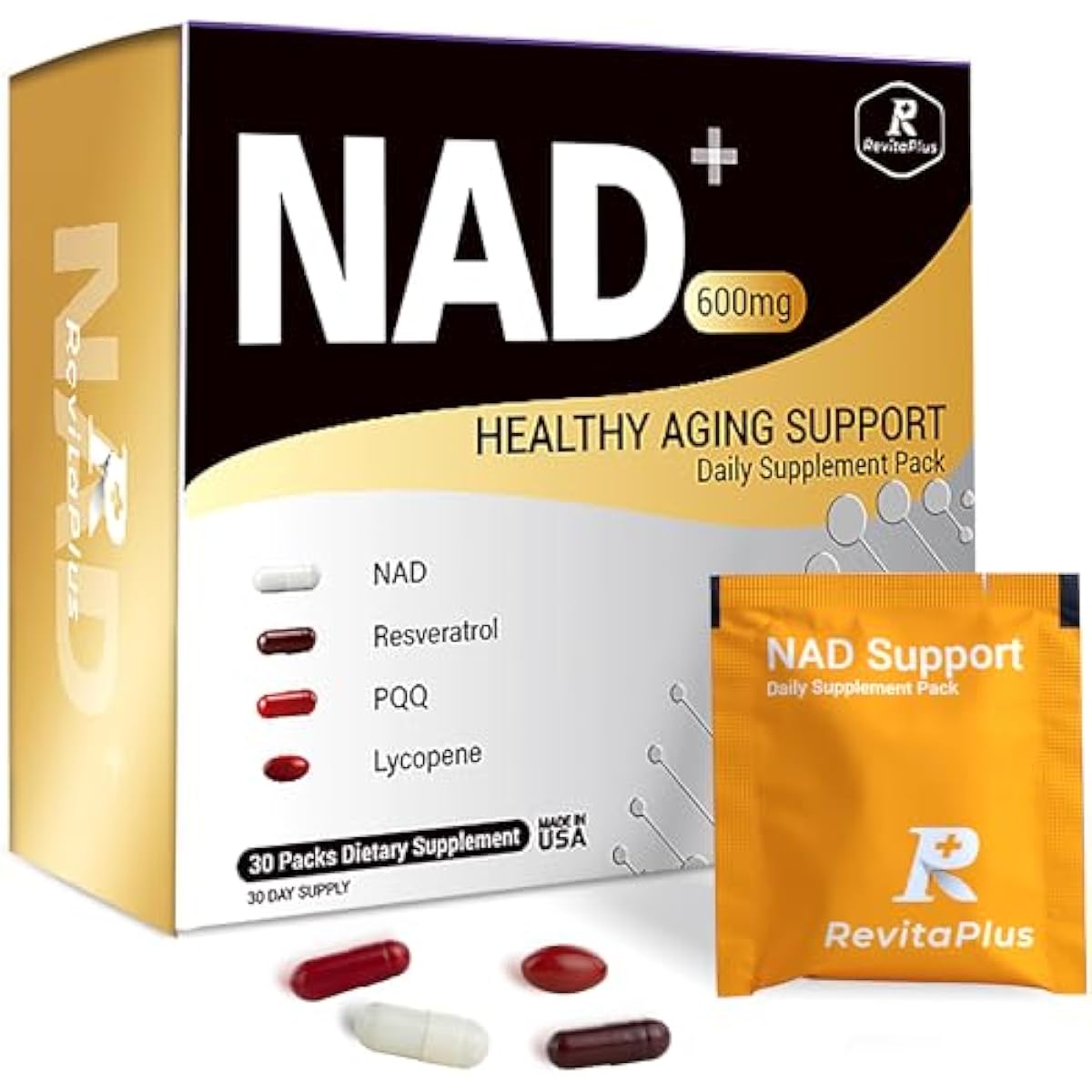 NAD Supplement with Resveratrol, PQQ,Ca-AKG,Nicotinamide,Green Tea, Advanced NAD+ Supplement Daily Pack Support Healthy Mitochondria,Healthy Aging and Cellular Energy for Women & Men 30 Packs