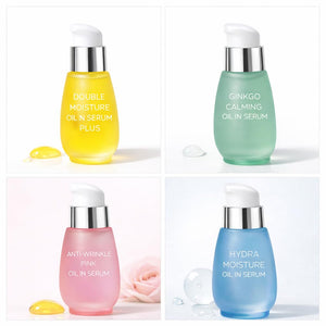 CHARMZONE Oil-in-Serum 4-Solution Set (1.01 fl.oz / 30ml x 4) – Double Moisture, Anti-Wrinkle Pink, Ginkgo Calming, Hydra Moisture Serums for Face