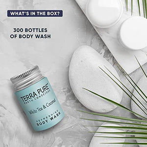 Travel Size Hotel Body Wash 300 Count 1 oz Bottles Guest Amenities for Hotels Vacation Rentals & Short Term Rentals Paraben Free White Tea & Coconut Scent Infused with Aloe and Olive Oil by Terra Pure