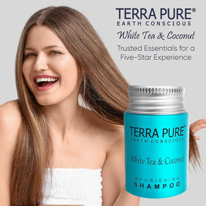 Travel Size Hotel Shampoo 100 Count 1 oz Bottles Guest Amenities for Hotels Vacation Rentals and Short Term Rentals Paraben Free White Tea and Coconut Scent Infused with Aloe & Olive Oil by Terra Pure
