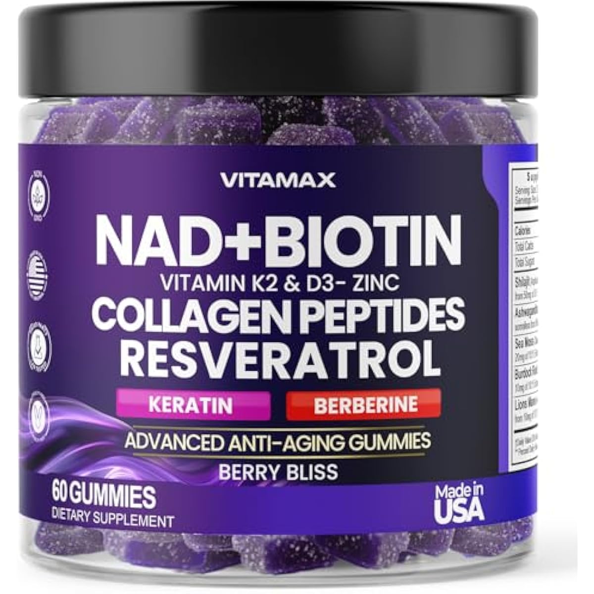 NAD+, Resveratrol, Berberine, & Biotin Anti-Aging Gummy - Hair, Skin, Nails & Joint Supplement - Collagen Peptides, Keratin, Zinc, Vitamin K2 & D3 Gummies -Regeneration- Non-GMO - Made in USA 60 Count