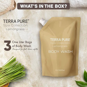 Terra Pure Spa Collection 1 Liter Body Wash Refill Bag For Soap Dispensers | Bulk Toiletries for Vacation Rentals, and Home Bathroom Showers | Green Tea Lemongrass | Set of 3