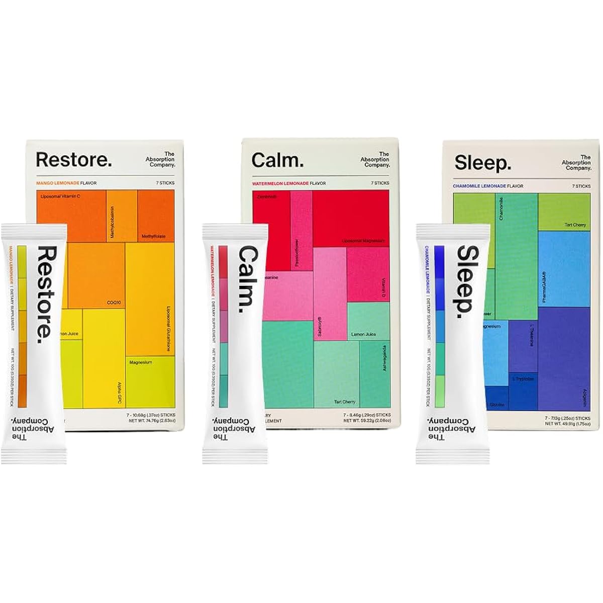 The Absorption Company Variety Pack Bundle – Sleep Aid, Electrolyte Recovery & Calm Supplement Drink Mixes - Chamomile, Mango & Watermelon Lemonade – Highly Absorbable Supplements - 21 Servings