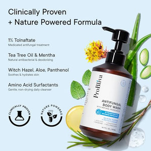 Antifungal Body Wash Treatment with Scrubber - Antibacterial Wash for Jock Itch, Ringworm, Tinea & Foot Odor – Medicated Skin Relief Cleanser Gel with Tea Tree Oil & Tolnaftate for Men and Women