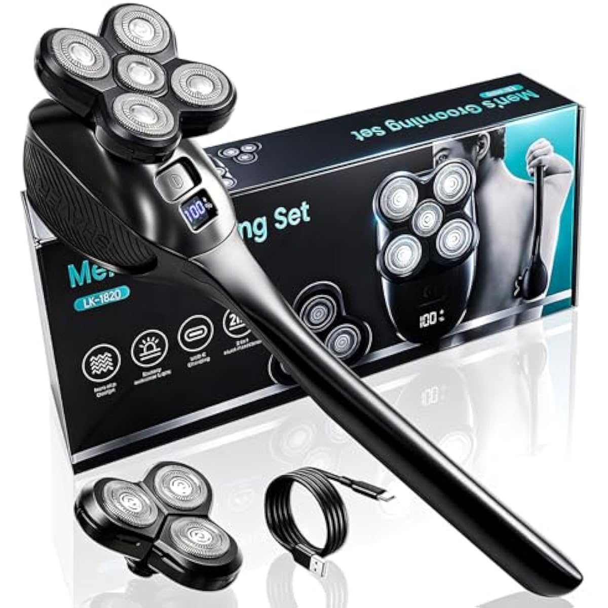 Back Shaver for Men, Rechargeable Electric Back Shaver with Long Handle, Waterproof Full Body Hair Trimmer&Groomer Kit with Replaceable Shaving Heads